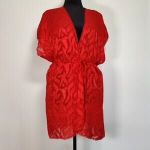 Y2K Red Sheer Burnout Robe Tie Waist Lingerie M Coquette Old Hollywood